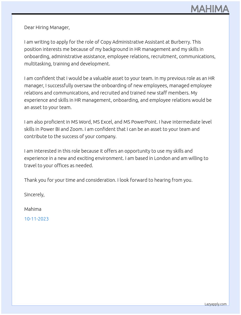 Copy Administrative Assistant At Burberry Cover Letter