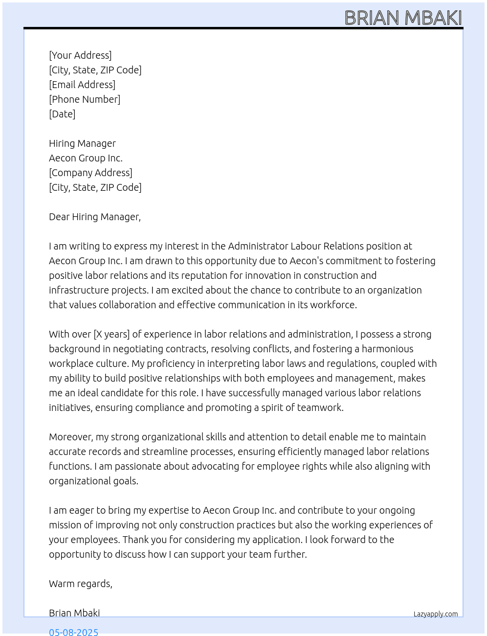 Administrator Labour Relations At Aecon Group Inc Cover Letter