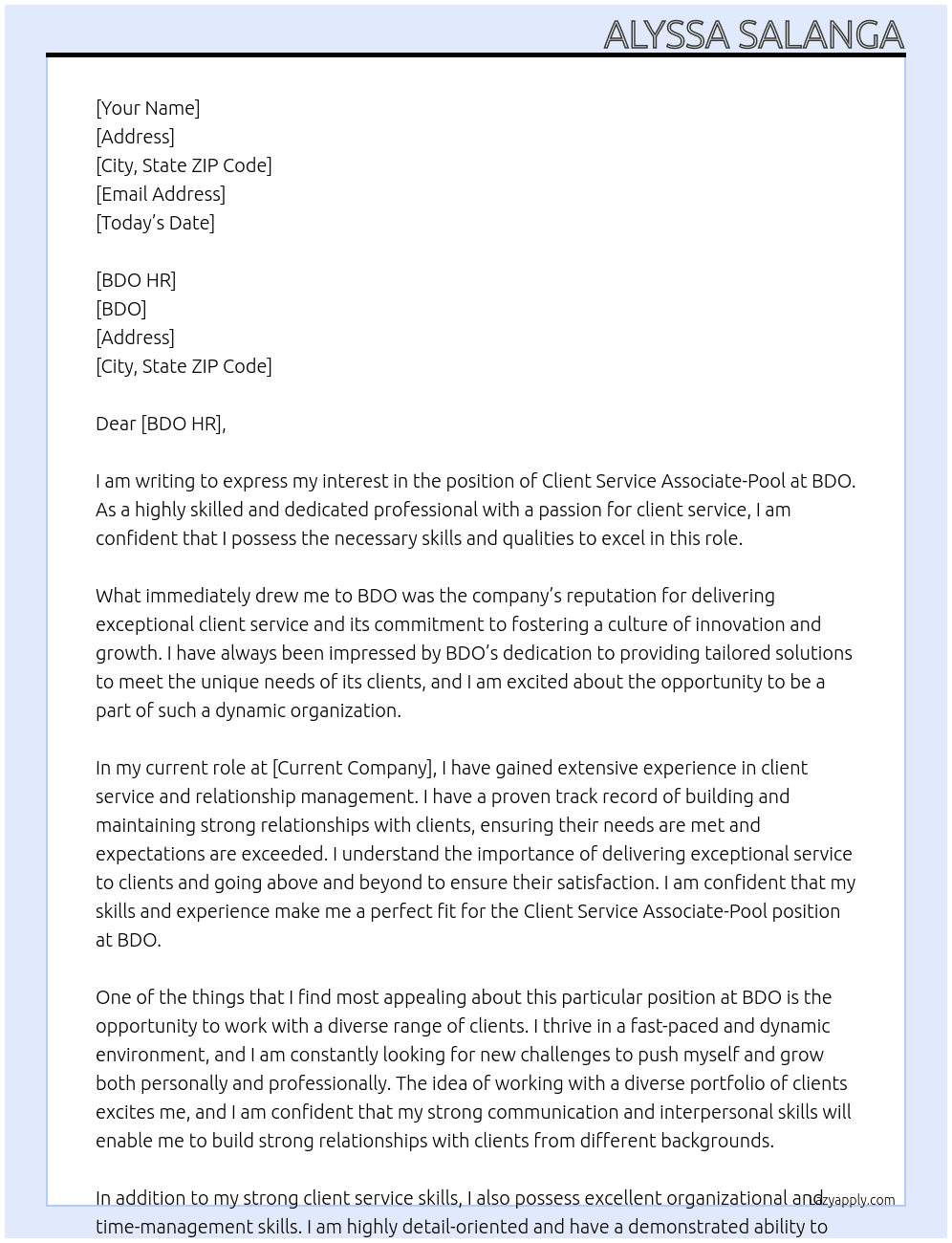 Cover letter for client service associate-pool - LazyApply