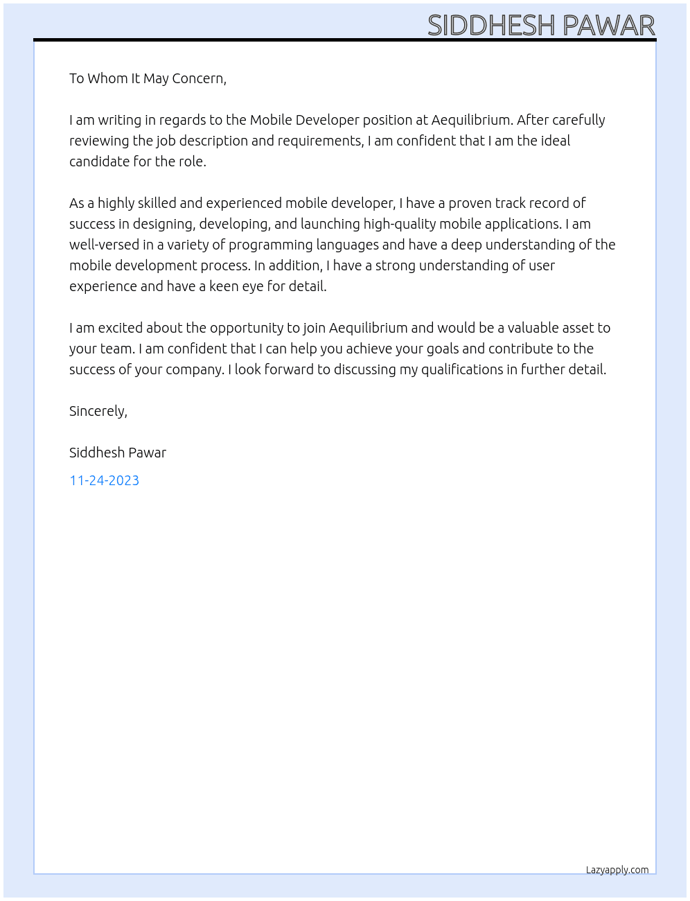Mobile Developer At Aequilibrium Cover Letter