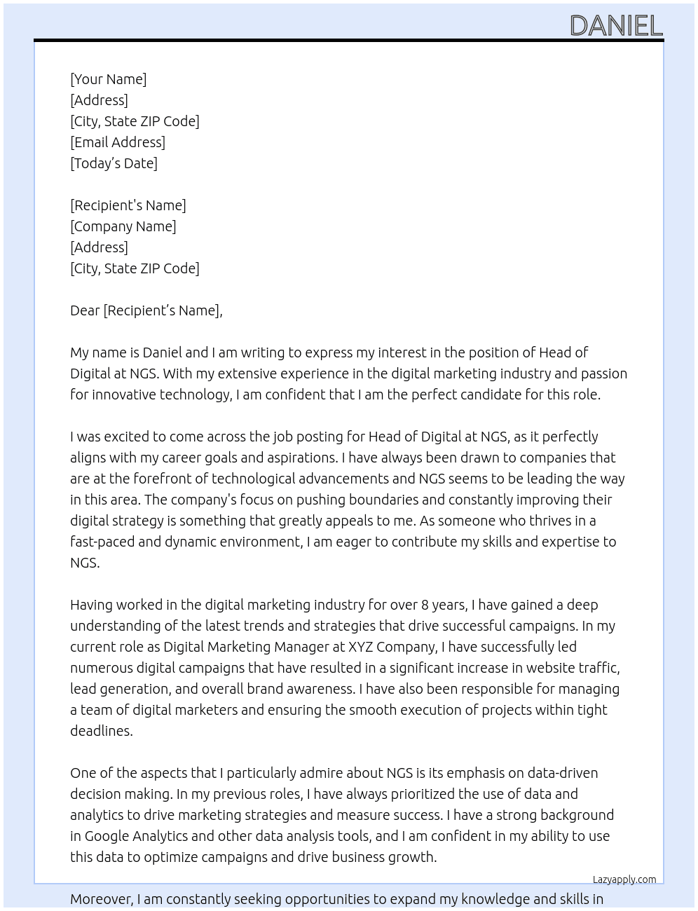Head of Digital At NGS Cover Letter