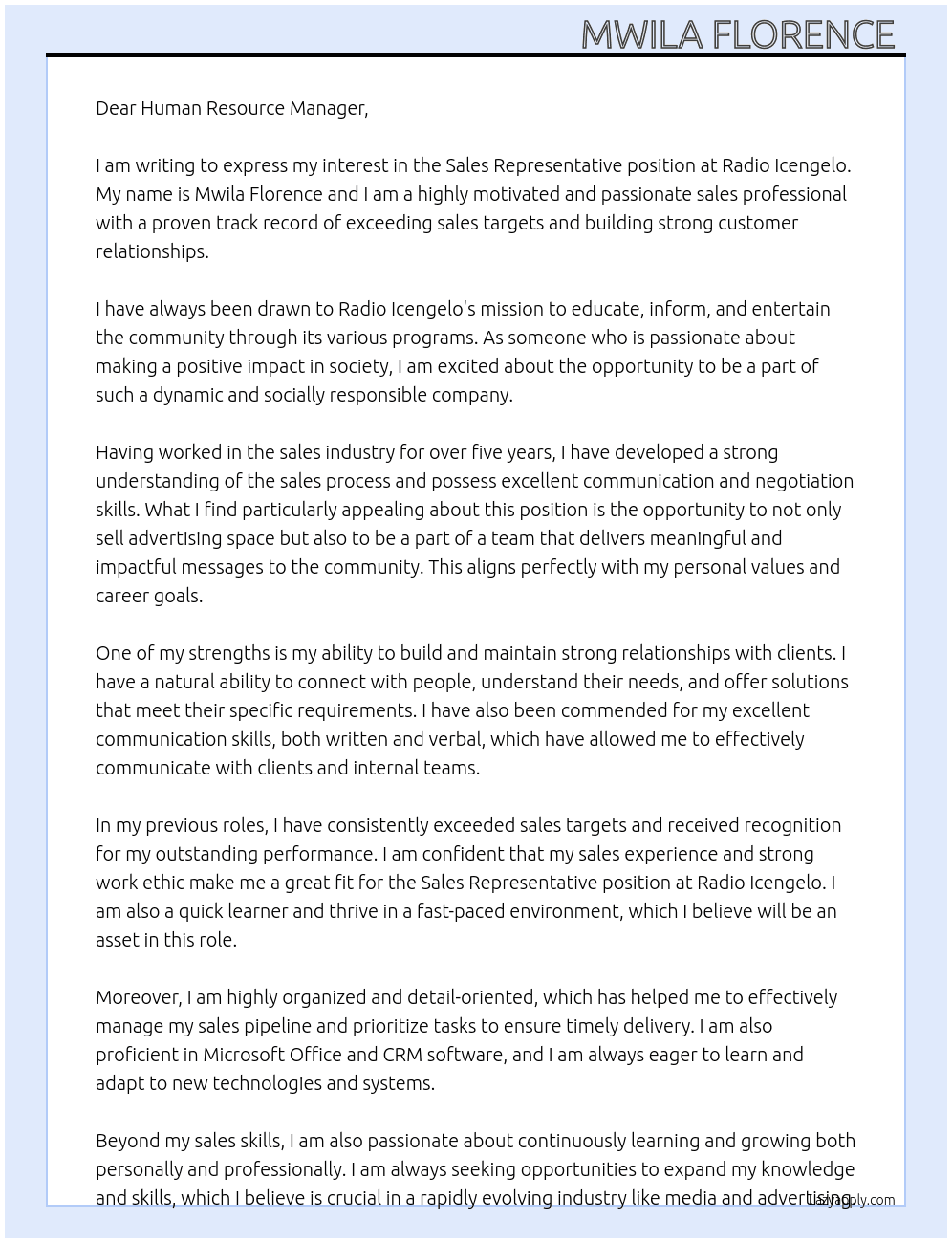 Sales Representative  At Radio Icengelo  Cover Letter