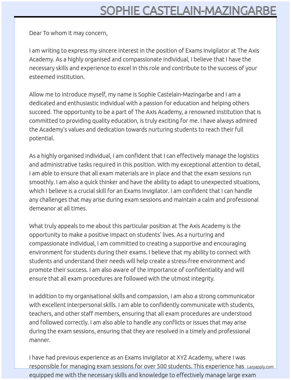 Exams Invigilator  At The Axis Academy Cover Letter