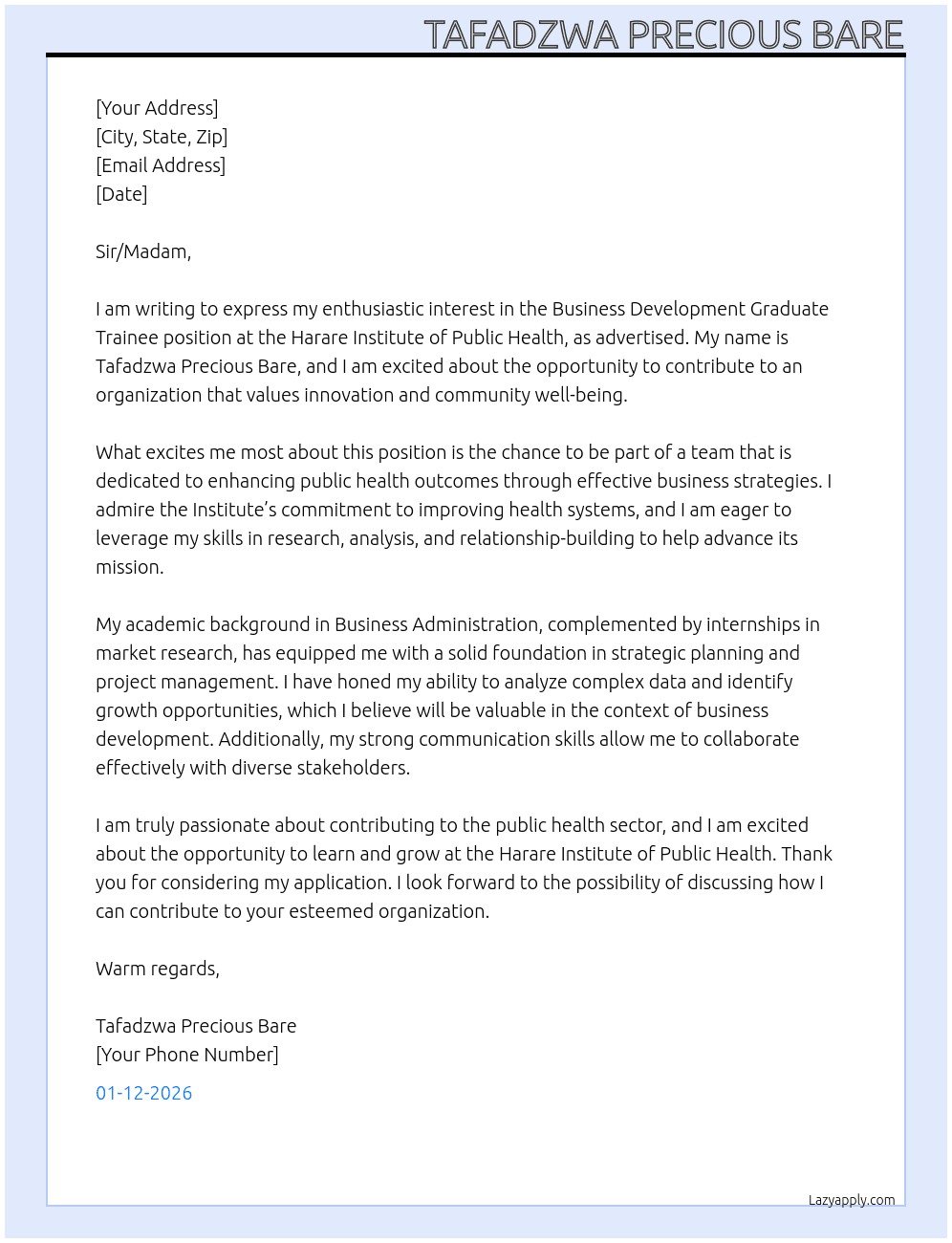 Business Development Graduate Trainee At Harare Institute of Public Health Cover Letter