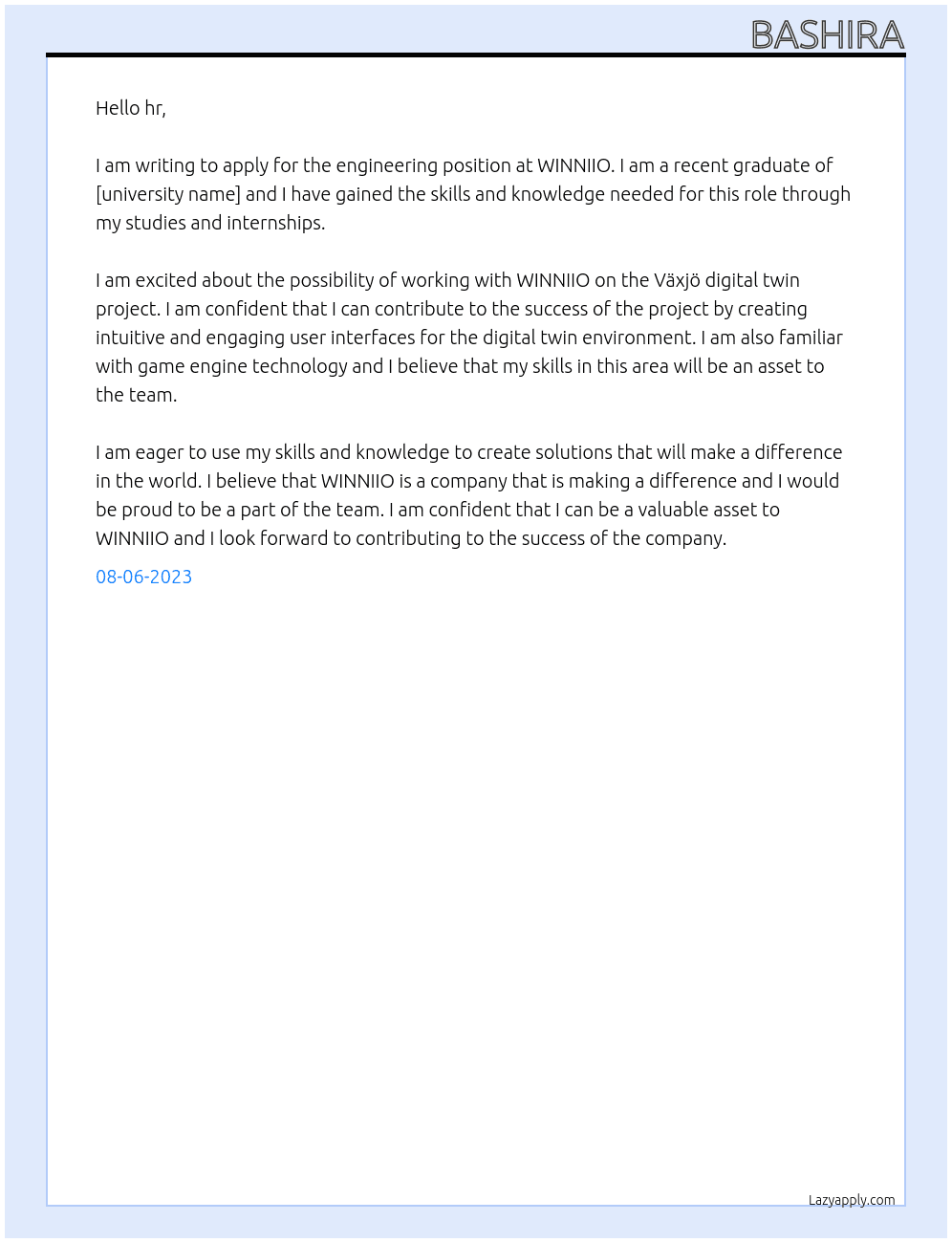 engineering At WINNIIO Cover Letter