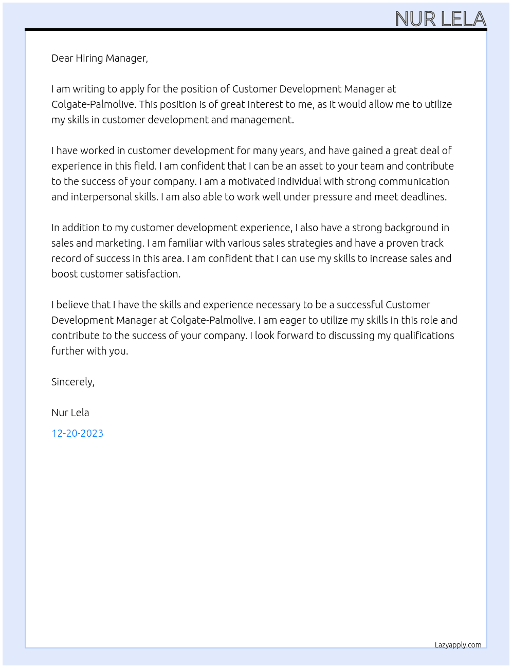 Customer Development Manager  At Colgate-Palmolive Cover Letter