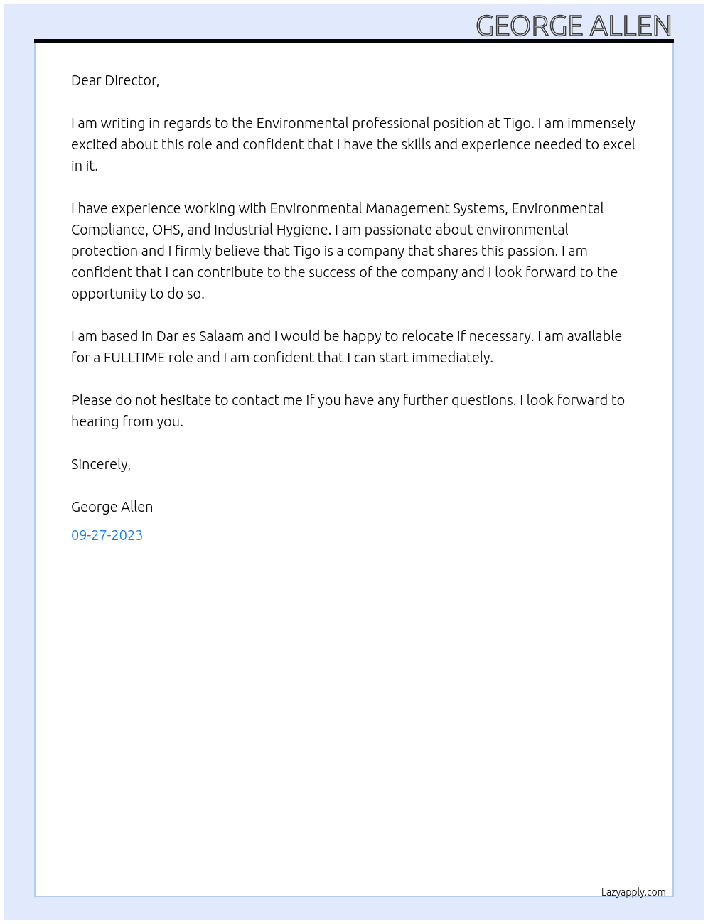 Environmental professional At Tigo Cover Letter