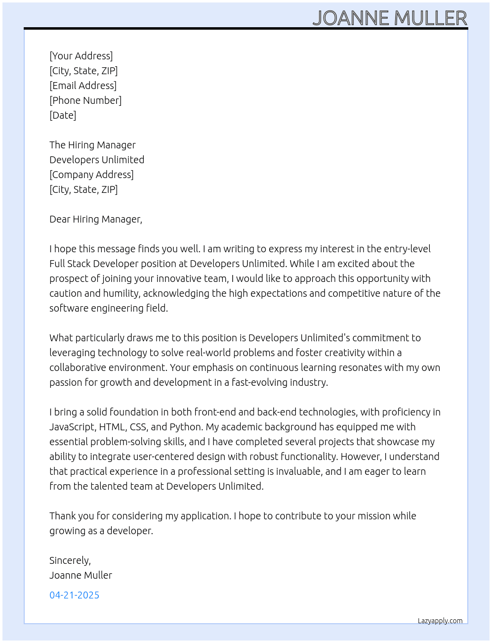 entry level full stack developer software engineeringengineering At Developers unlimited Cover Letter