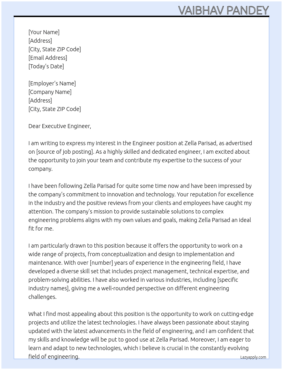 engineer At Zella Parisad Cover Letter