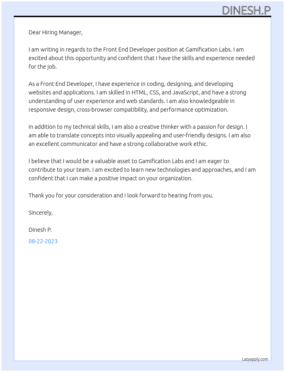 Front End Developer  At Gamification Labs  Cover Letter