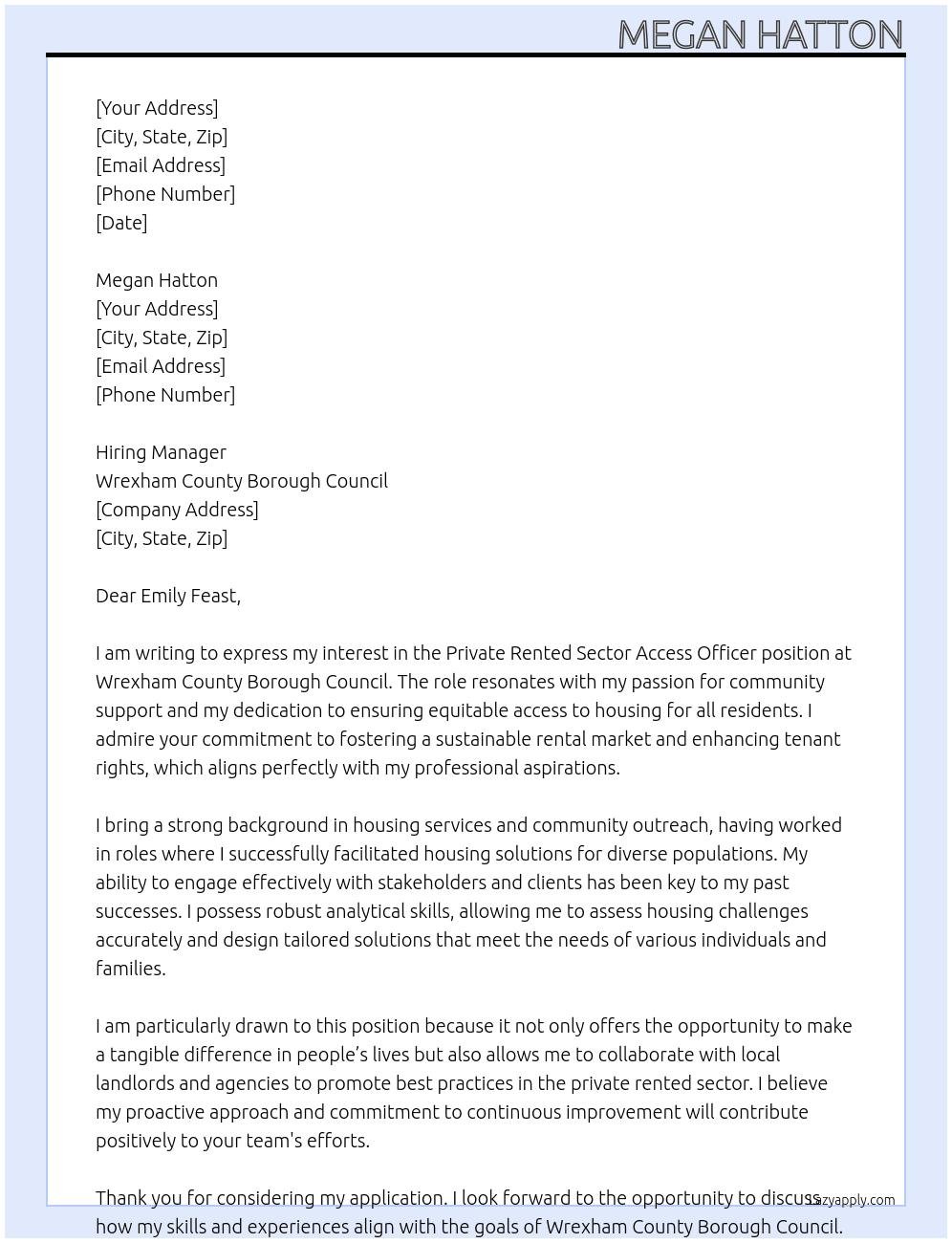 Private Rented Sector Access Officer At Wrexham County Borough Council Cover Letter