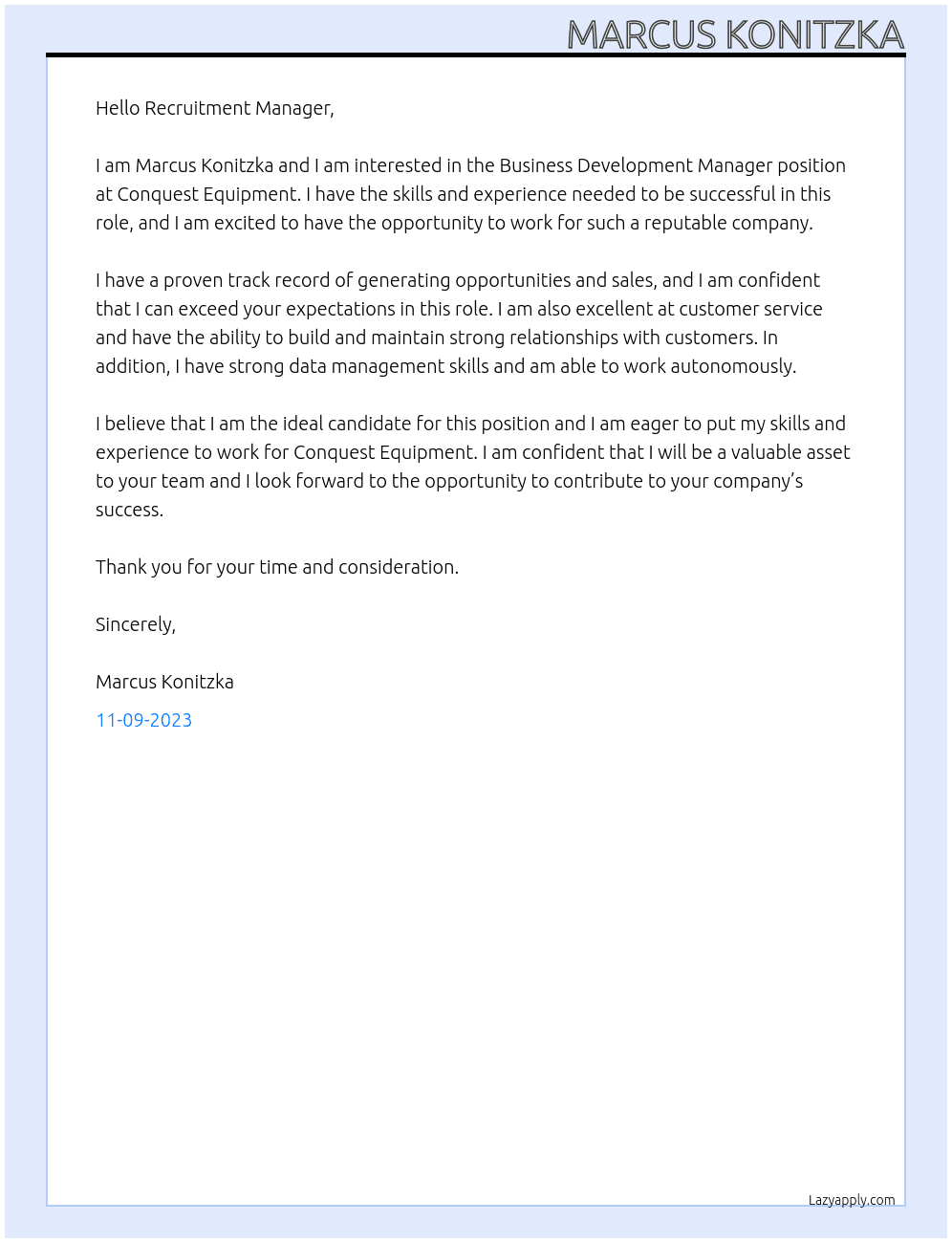Business Development Manager At Conquest Equipment Cover Letter