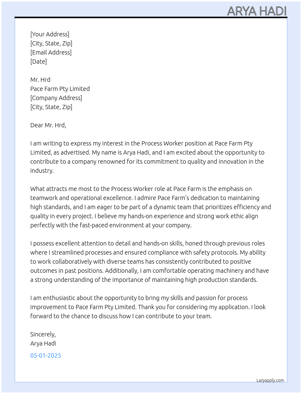 Process Worker - Buchanan At Pace Farm Pty Limited Cover Letter
