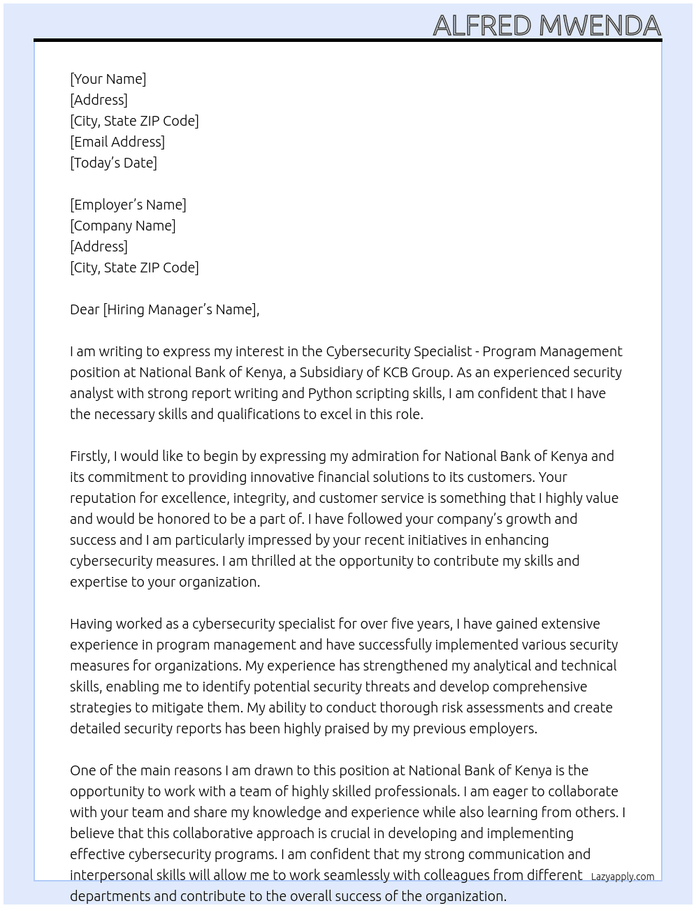 Cybersecurity Specialist - Program Management At National Bank of Kenya a Subsidiary of KCB Group Cover Letter
