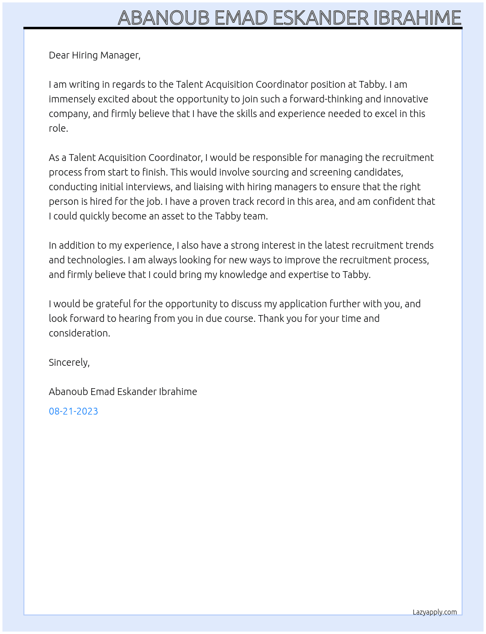 Talent Acquisition Coordinator At Tabby Cover Letter
