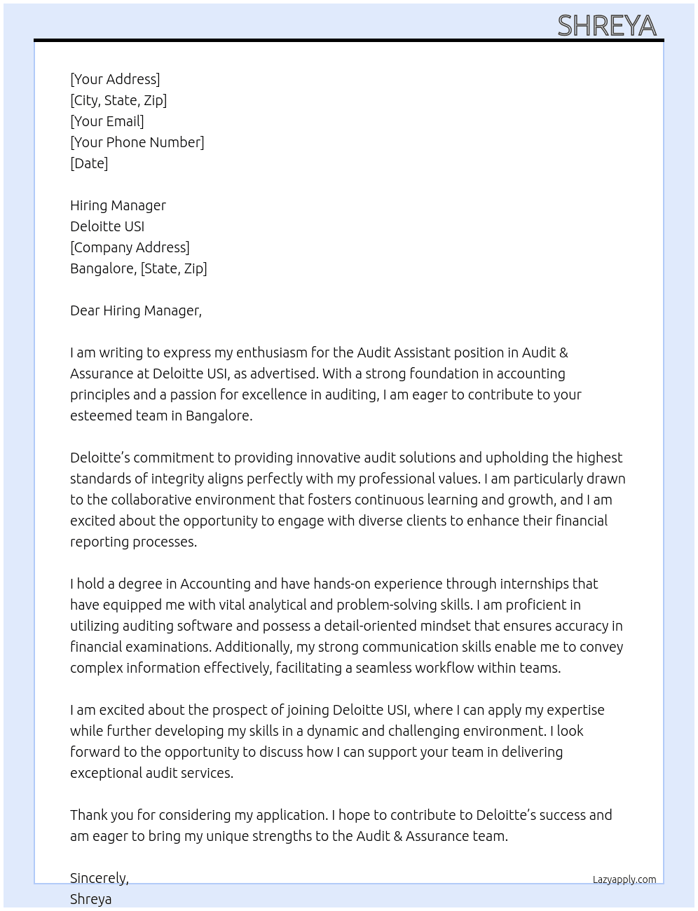 Cover letter for audit assistant, audit & assurance - LazyApply