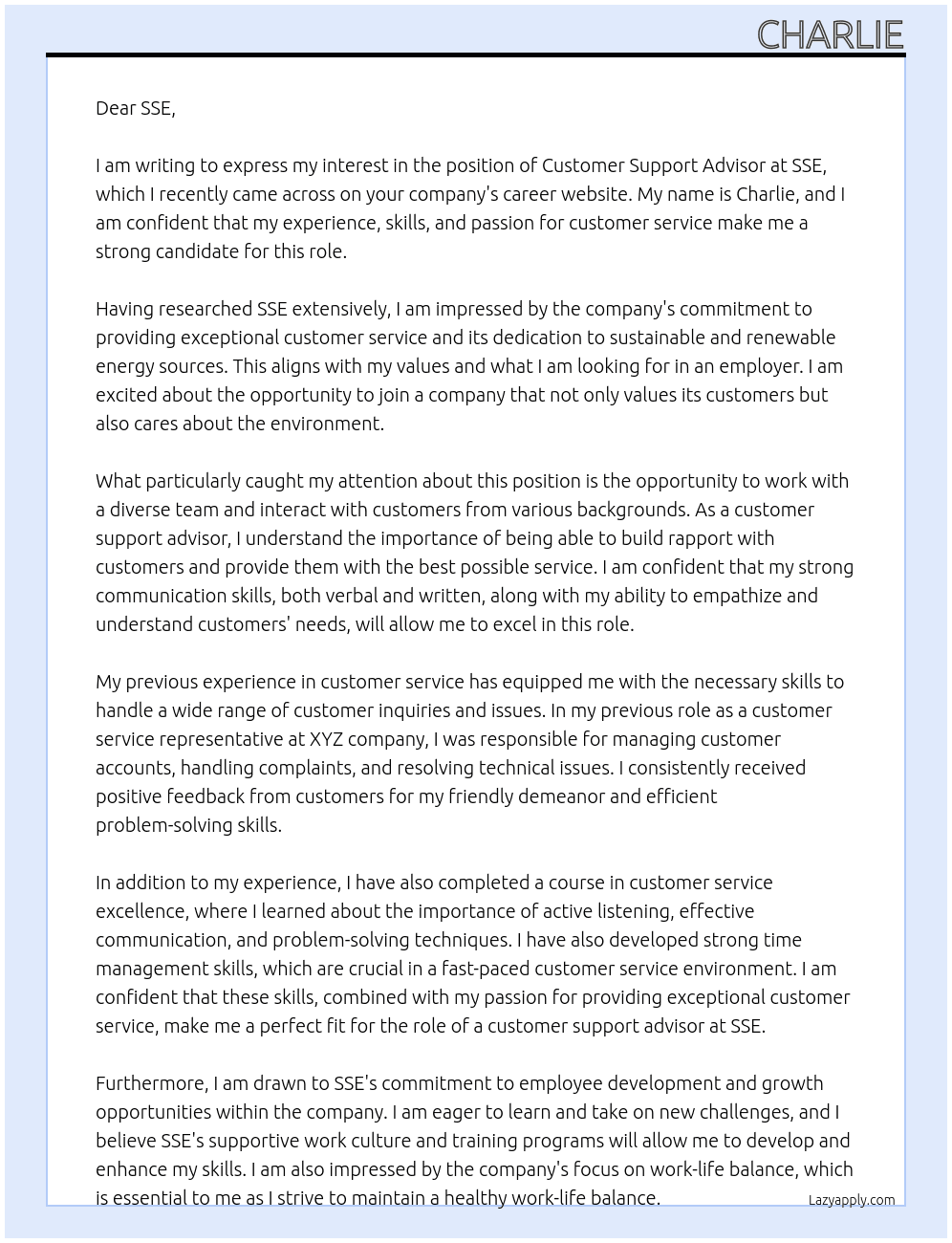 customer support advisor At SSE Cover Letter