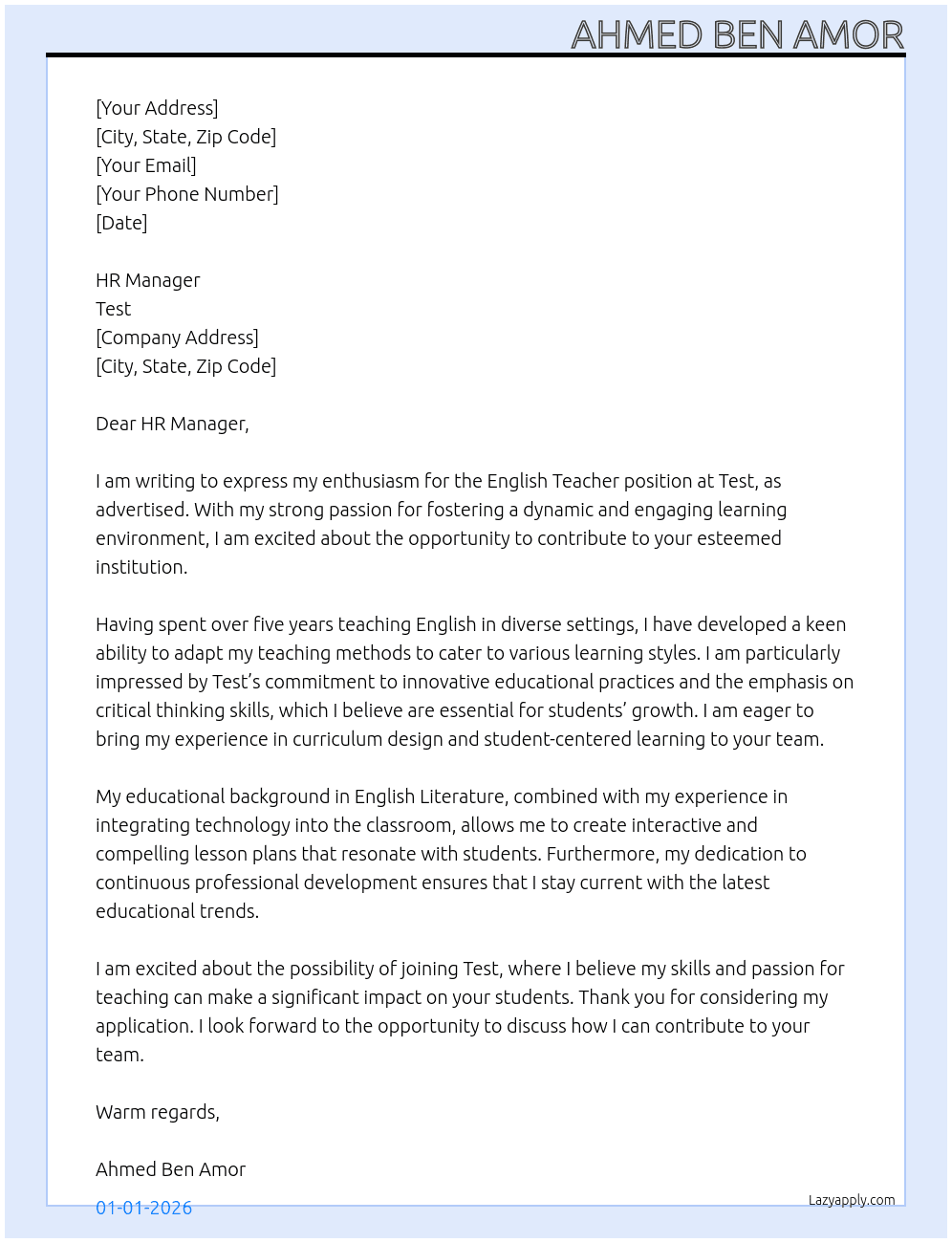 English teacher At Test Cover Letter