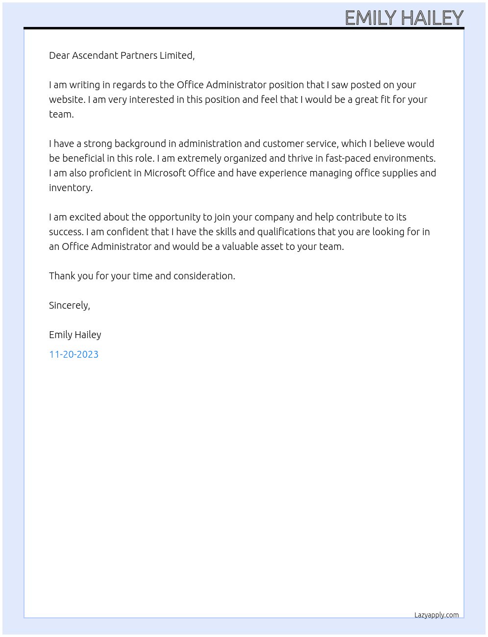 office administrator At Ascendant Partners Limited Cover Letter
