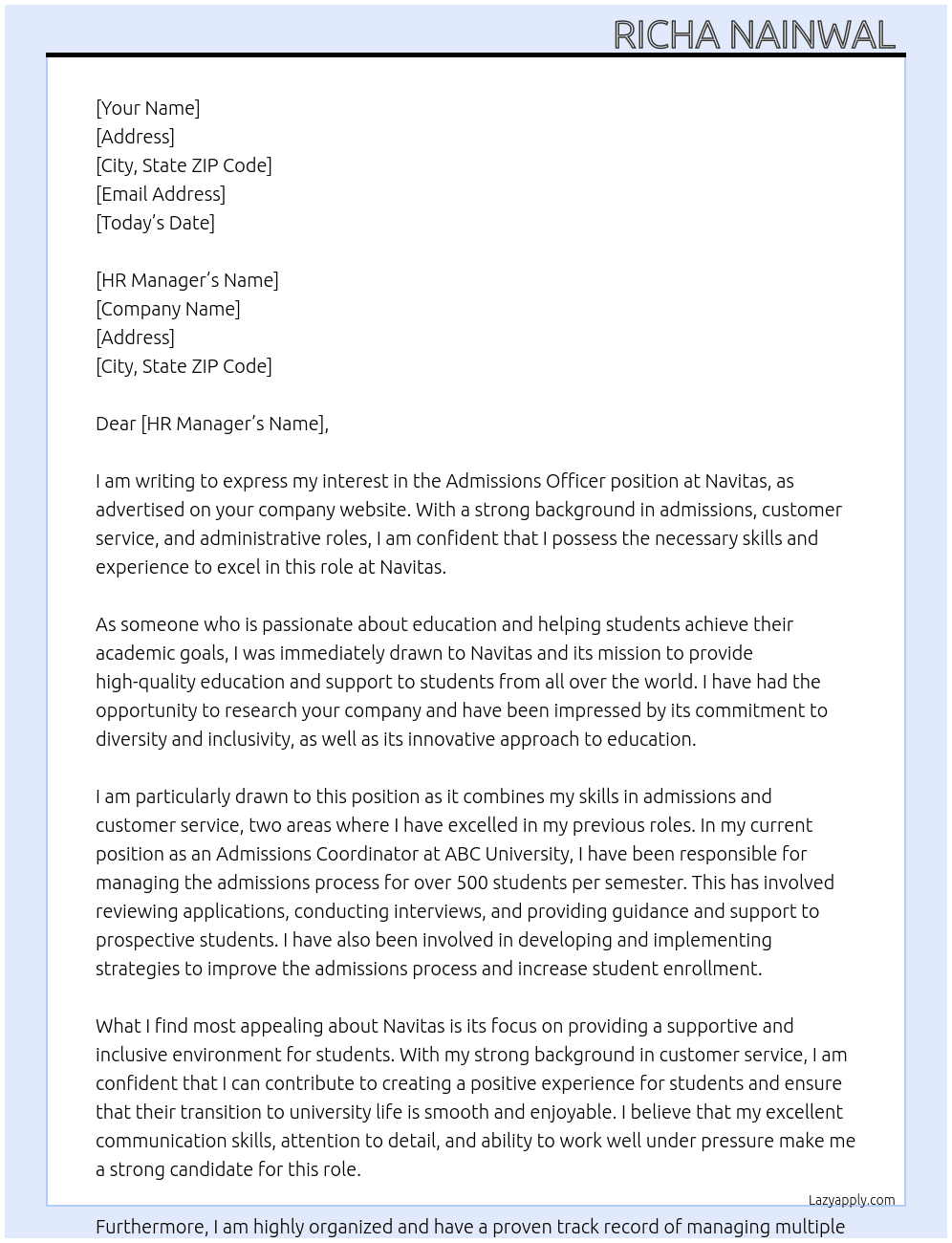 Admissions Officer  At Navitas  Cover Letter