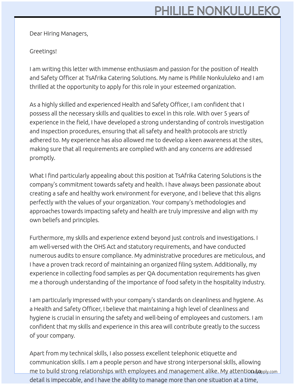 Health and Safety Officer At TsAfrika Catering Solutions Cover Letter