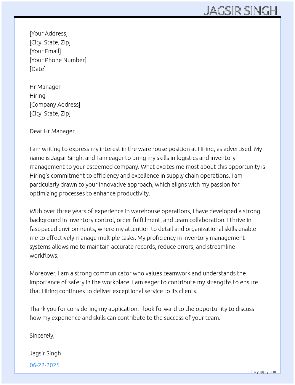 Wearhouse working  At Hiring  Cover Letter