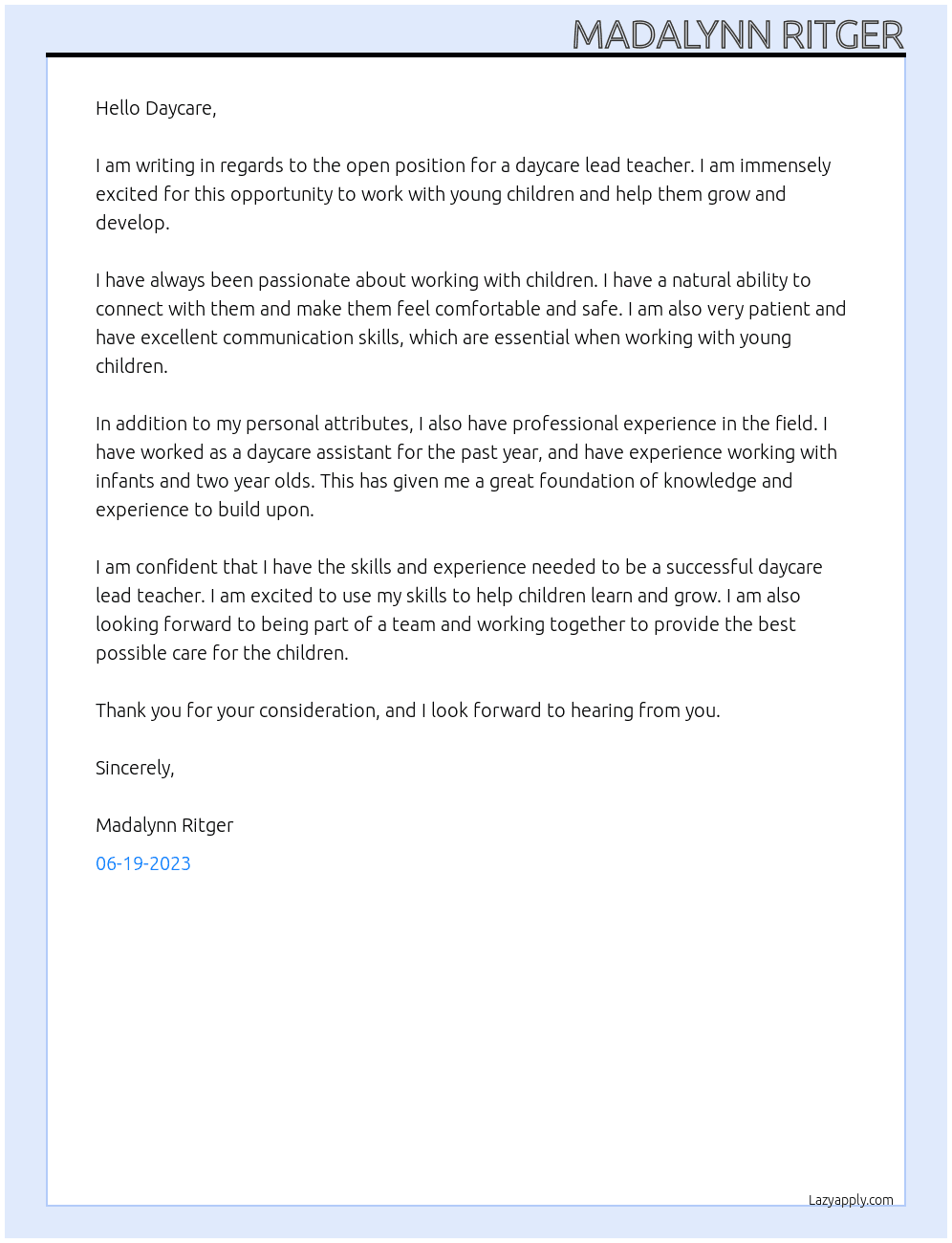 Daycare lead teacher At Daycare Cover Letter