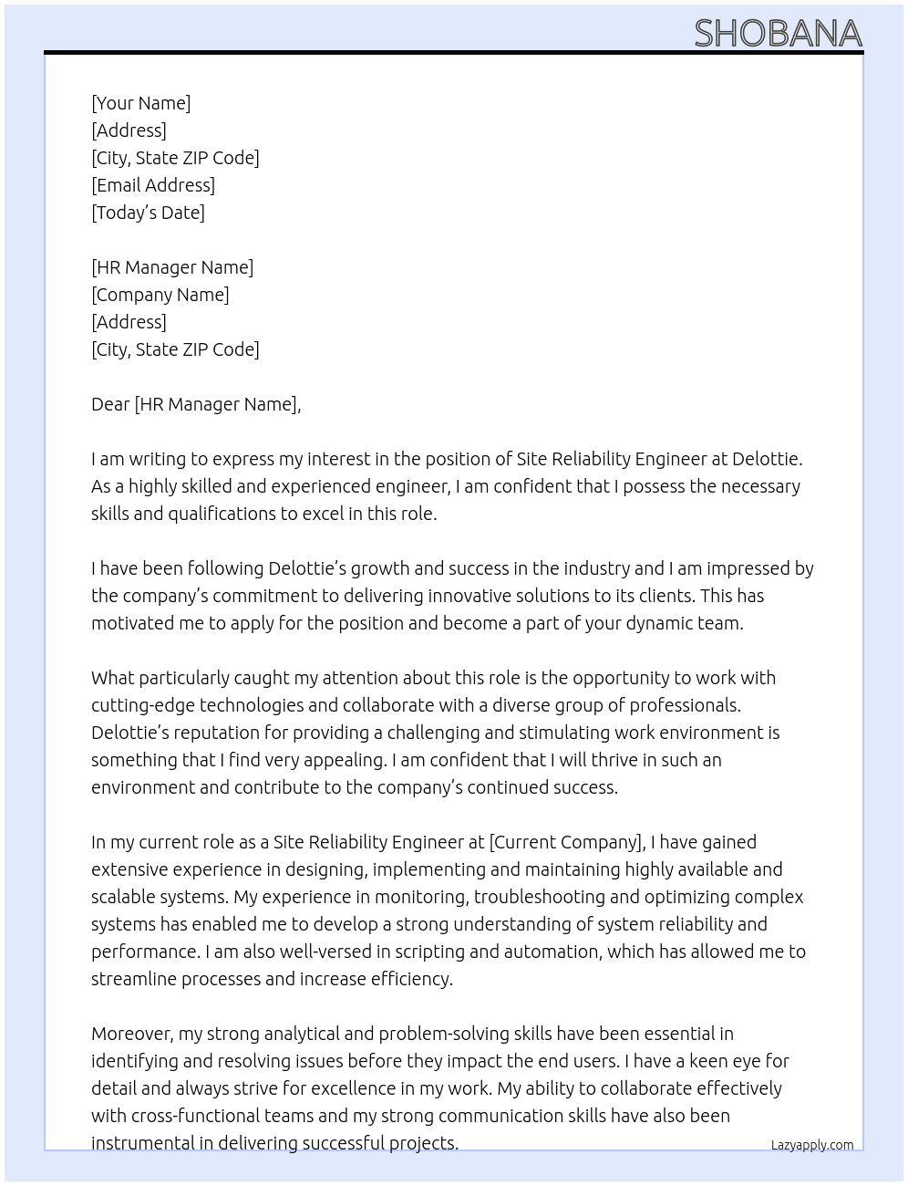 Site Reliabality Engineer At Delottie  Cover Letter