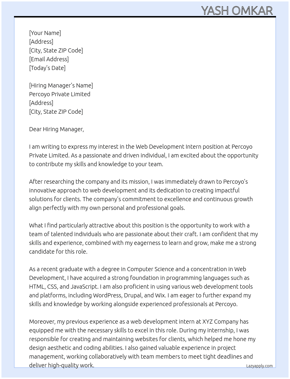 Web development Intern  At Percoyo Private Limited  Cover Letter