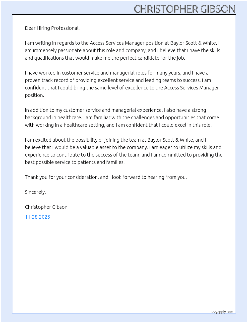 Access Services Manager At Baylor Scott & White Cover Letter