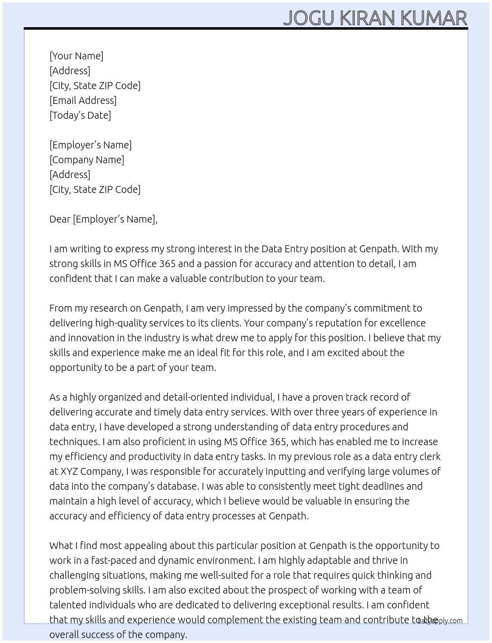 Data entry  At Genpath  Cover Letter