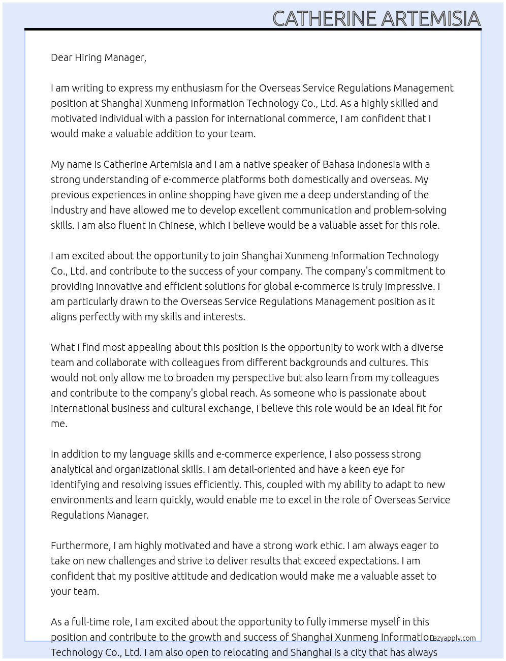 Overseas Service Regulations Management At  Shanghai Xunmeng Information Technology Co., Ltd. Cover Letter