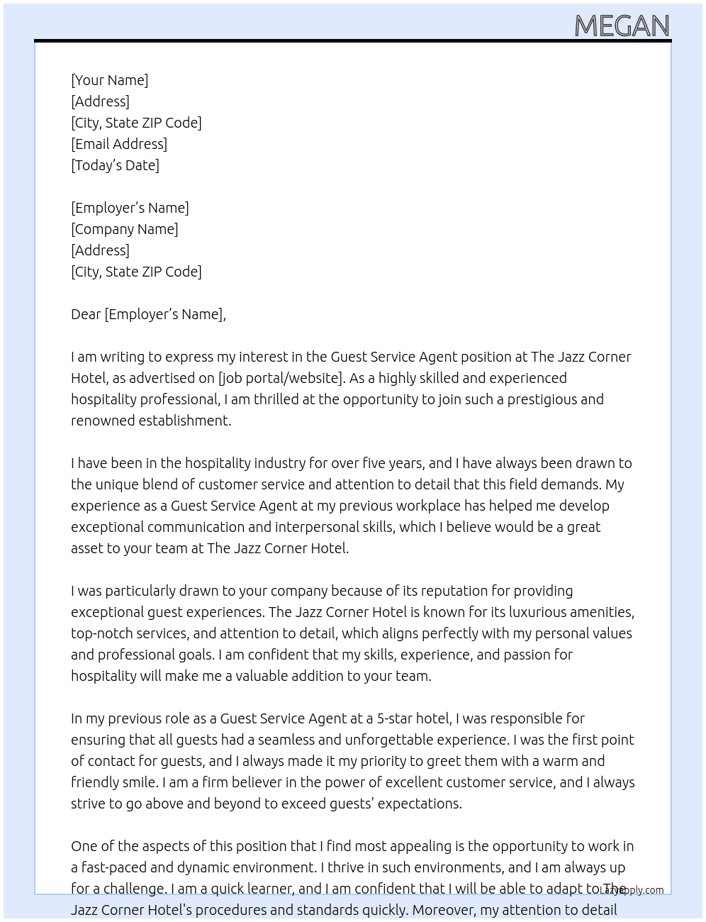 Guest Service Agent At The Jazz Corner Hotel Cover Letter