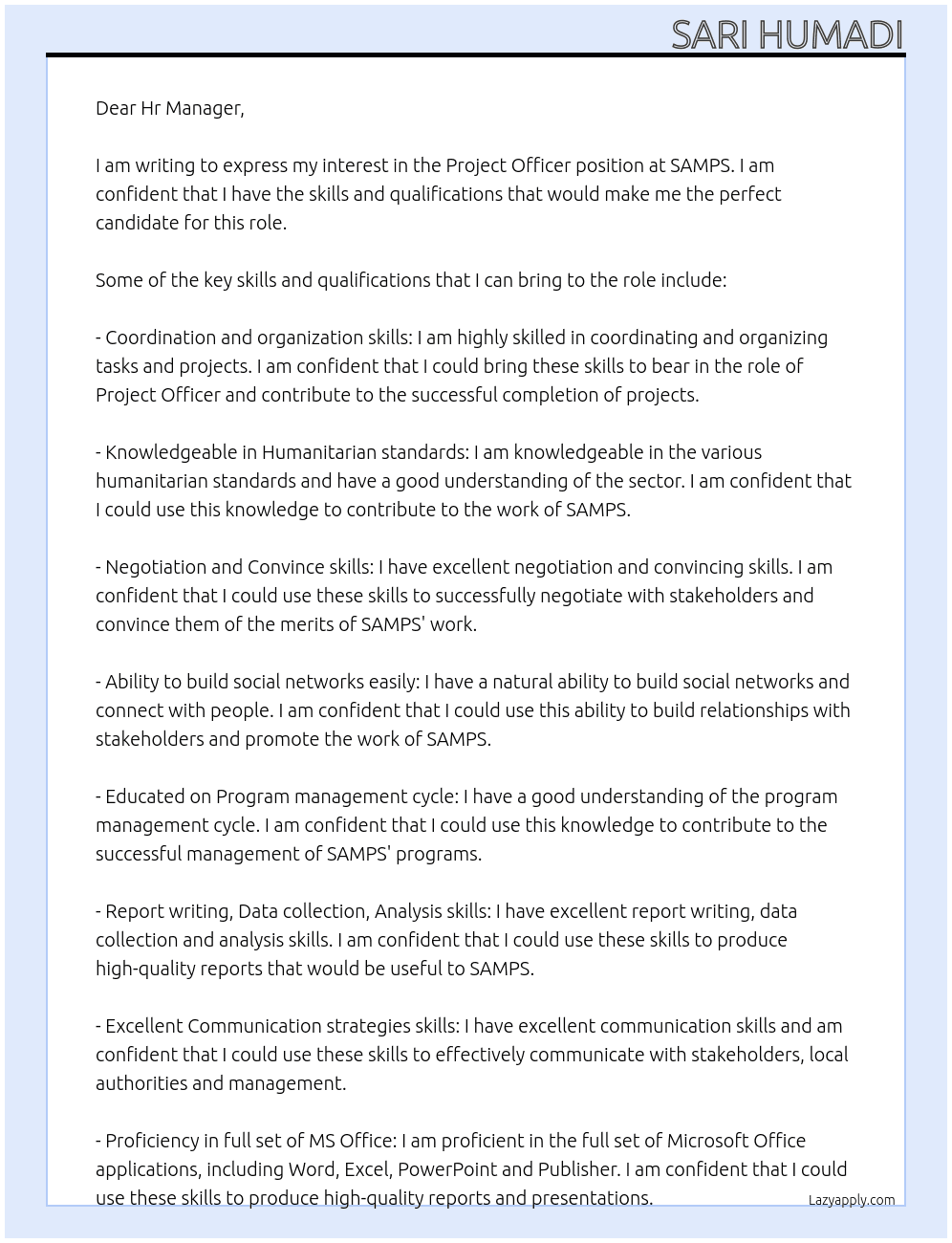 Project officer  At SAMPS Cover Letter