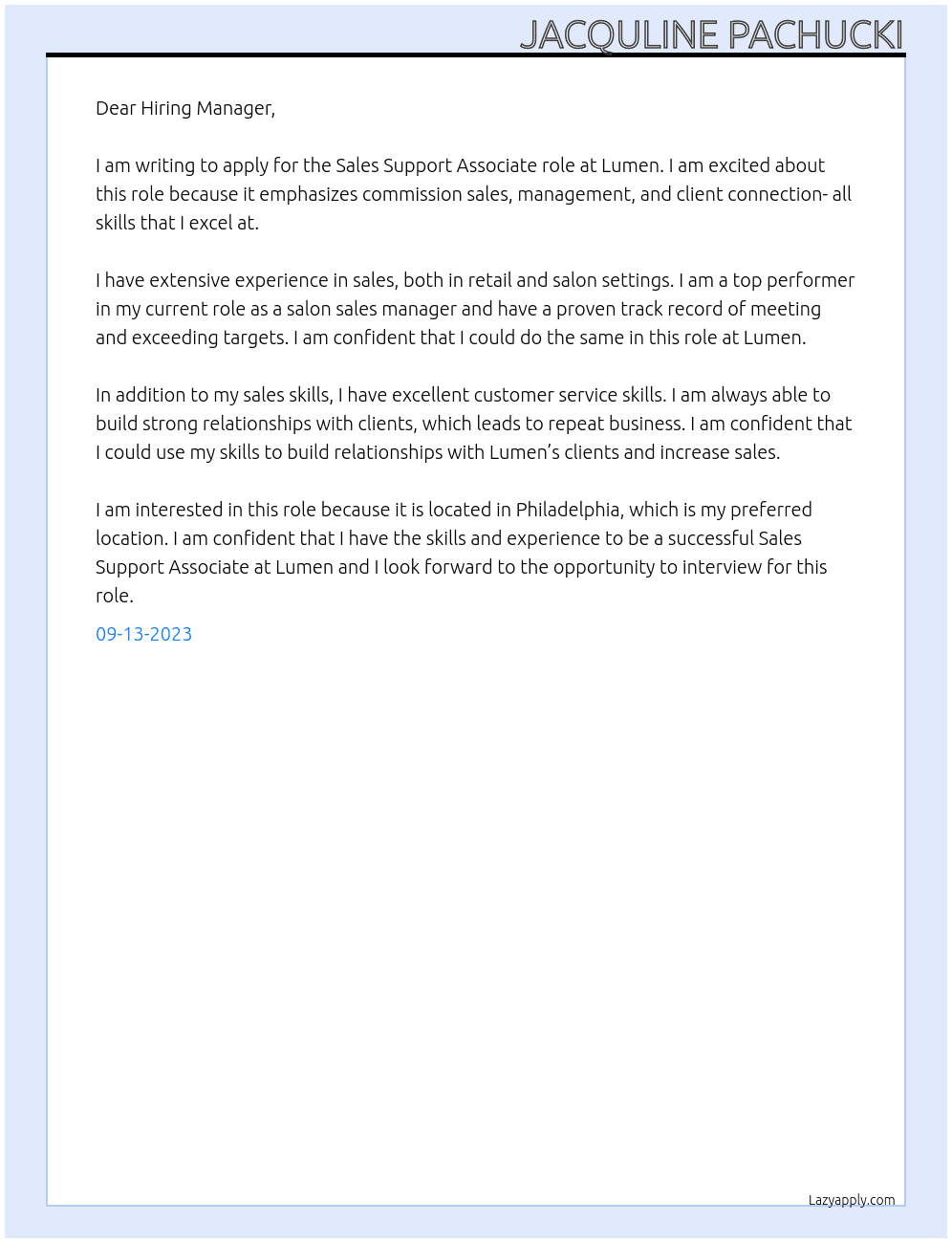 Sales support associate At Lumen Cover Letter