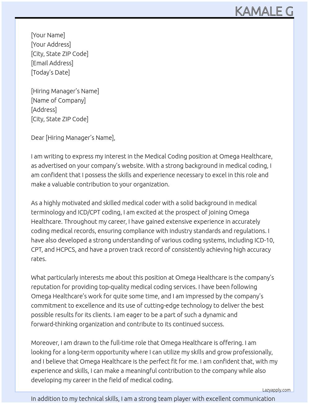Medical coding  At Omega healthcare  Cover Letter