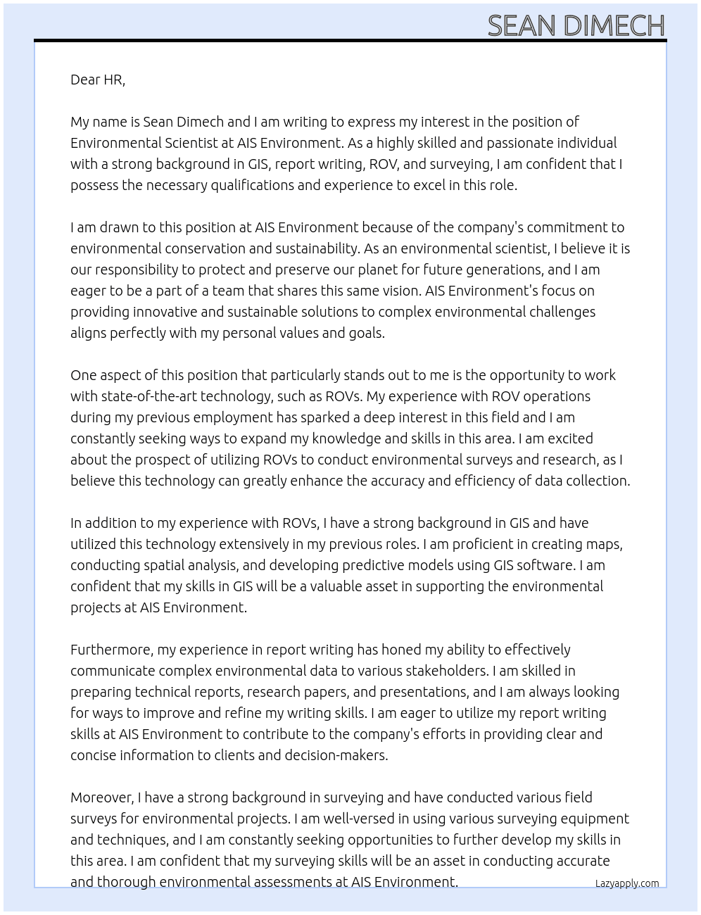 Environmental Scientist At AIS Envrionment Cover Letter