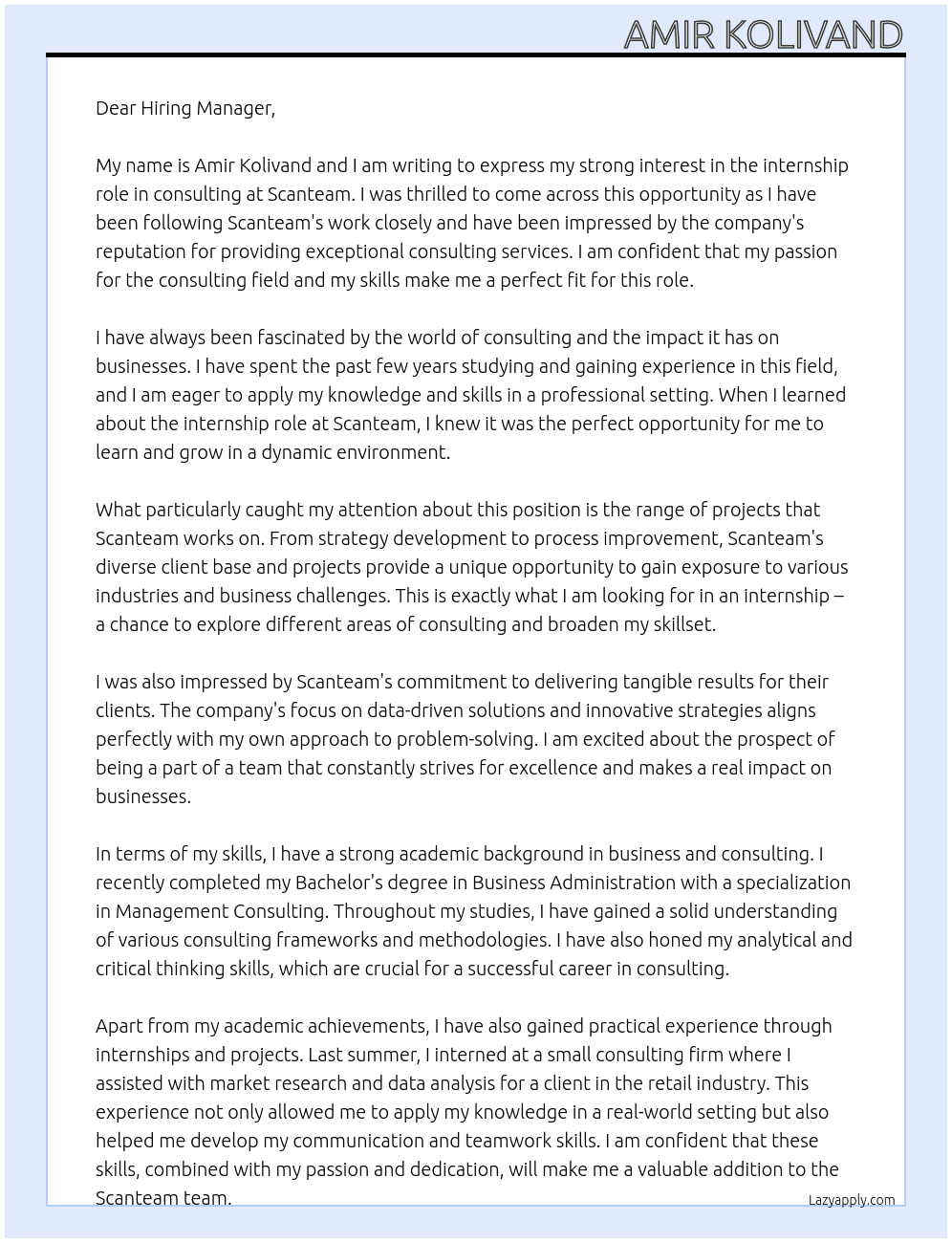 internship in consulting At Scanteam Cover Letter