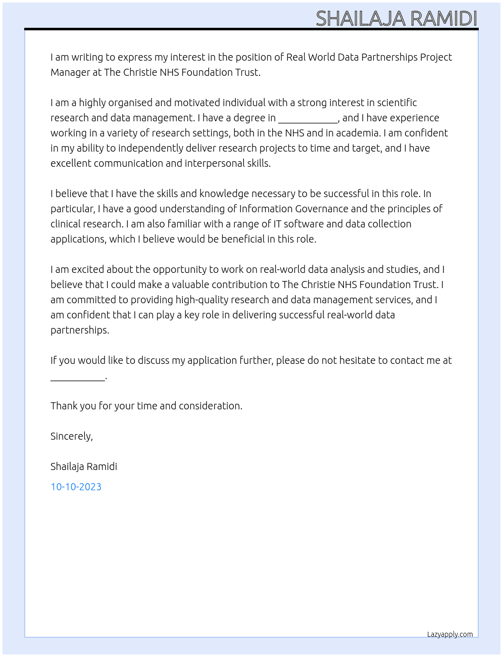 Real World Data Partnerships Project Manager At The Christie NHS Foundation Trust Cover Letter