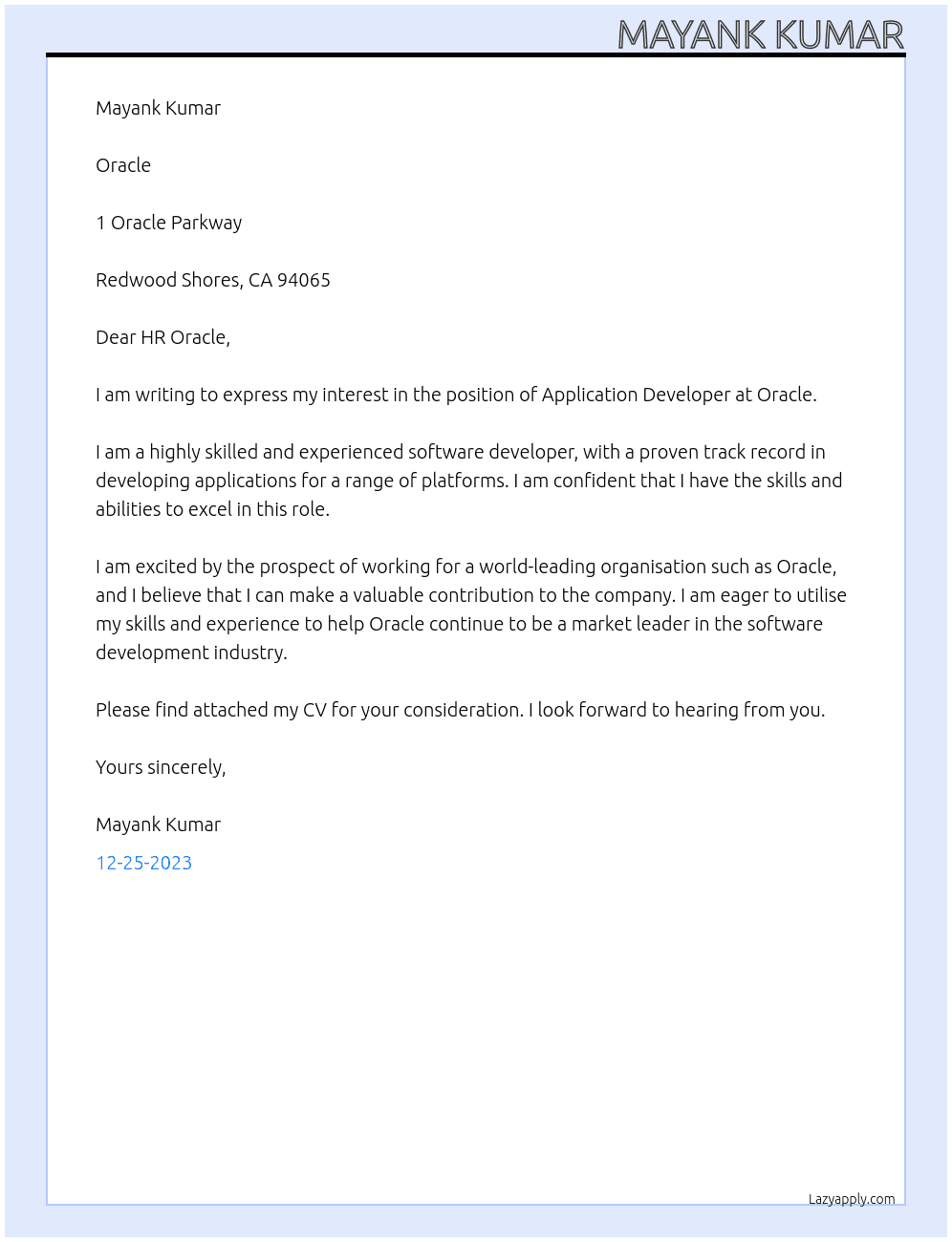Application Developer At Oracle Cover Letter