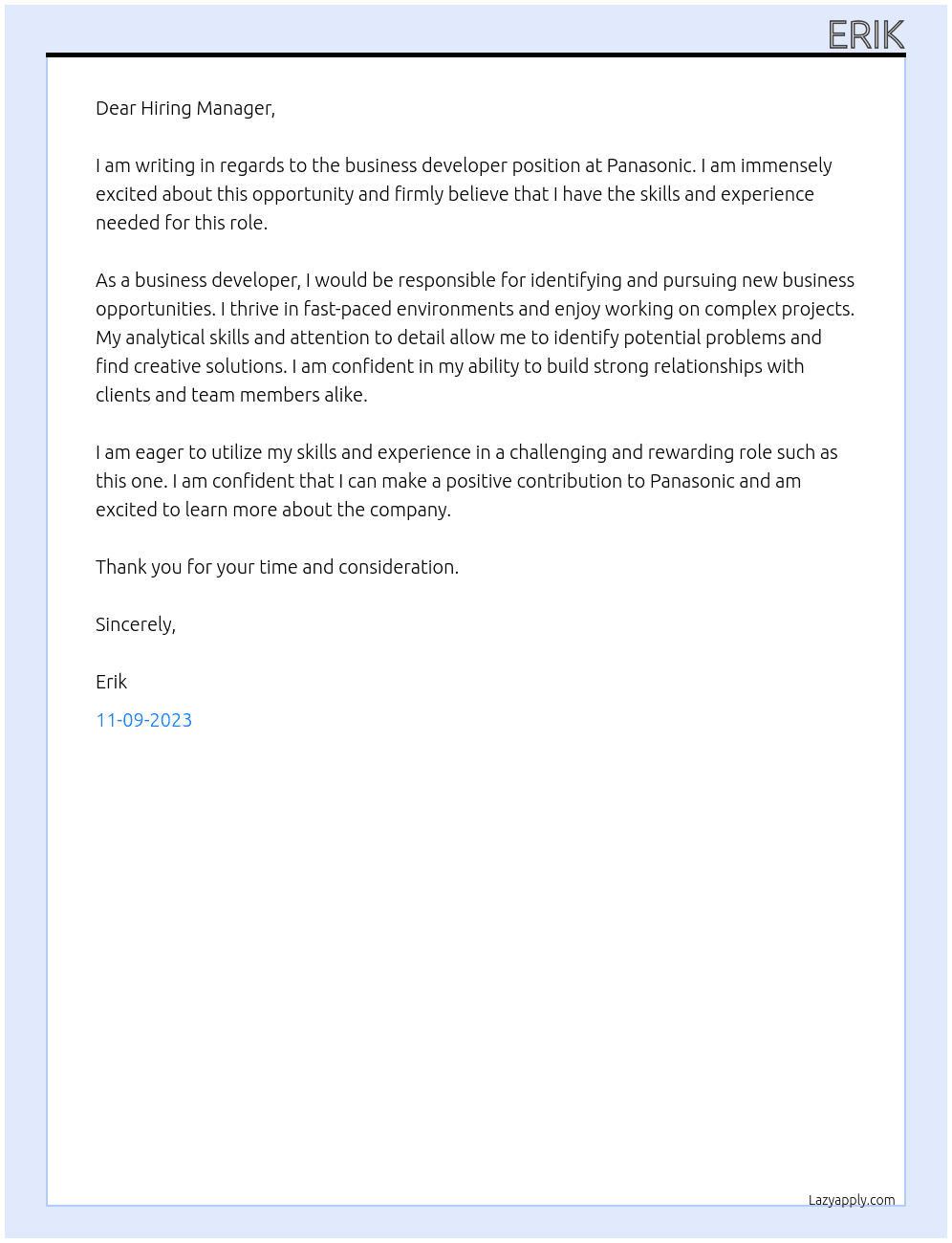 Business Developer At Panasonic Cover Letter