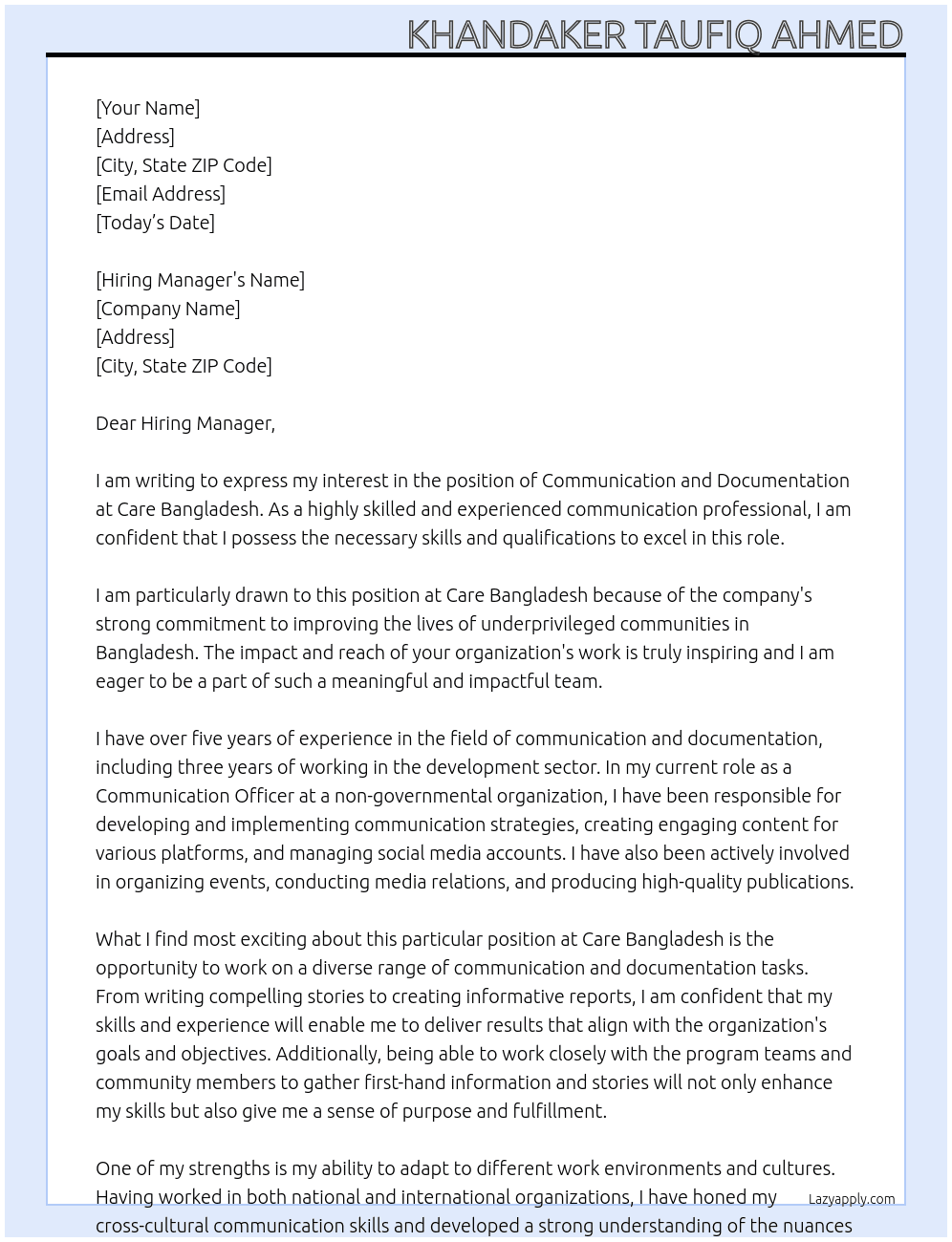 Communication and Documentation At Care Bangladesh Cover Letter