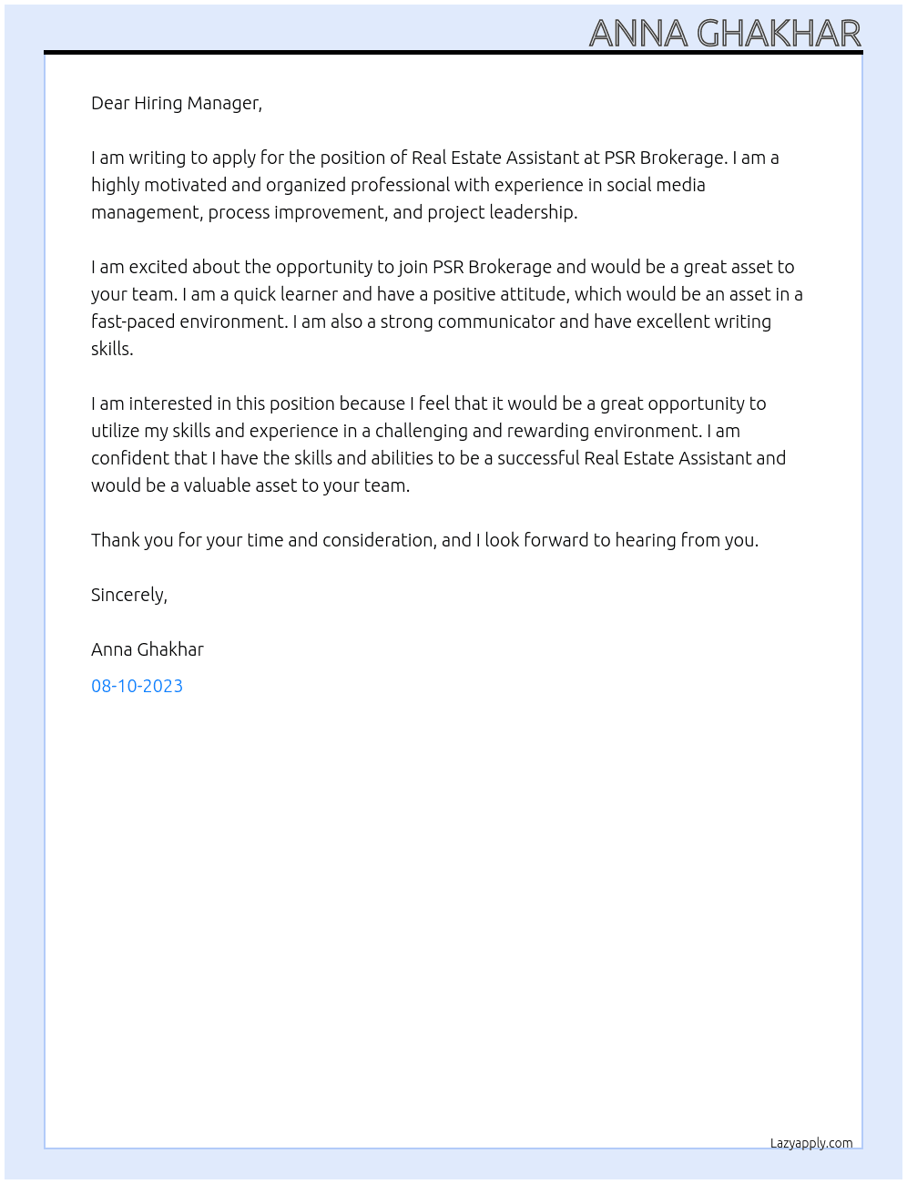 Real Estate Assistant At PSR Brokerage Cover Letter