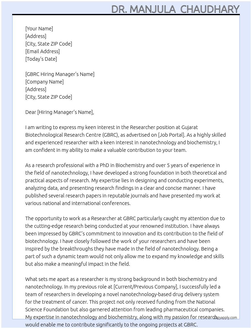 Researcher At Guajarat Biotechnological Research Centre Cover Letter