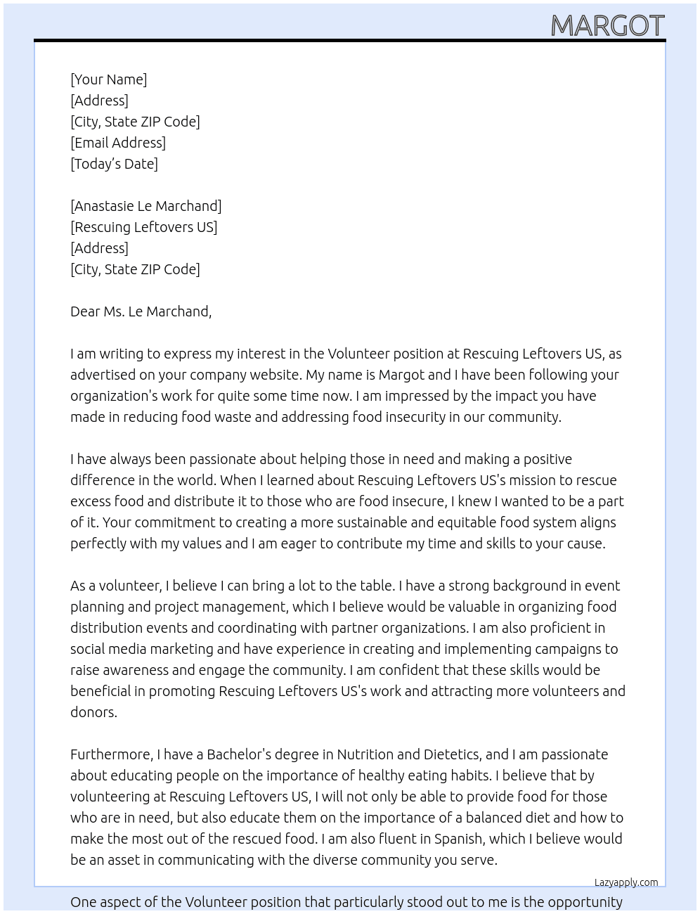 Volunteer At Rescuing Leftovers US Cover Letter