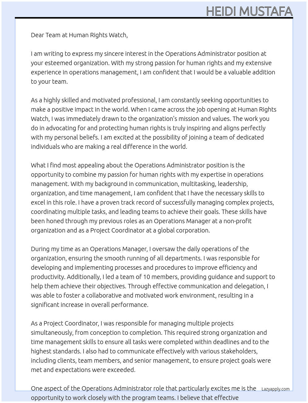 Operations Administrator At Humans Right Watch Cover Letter