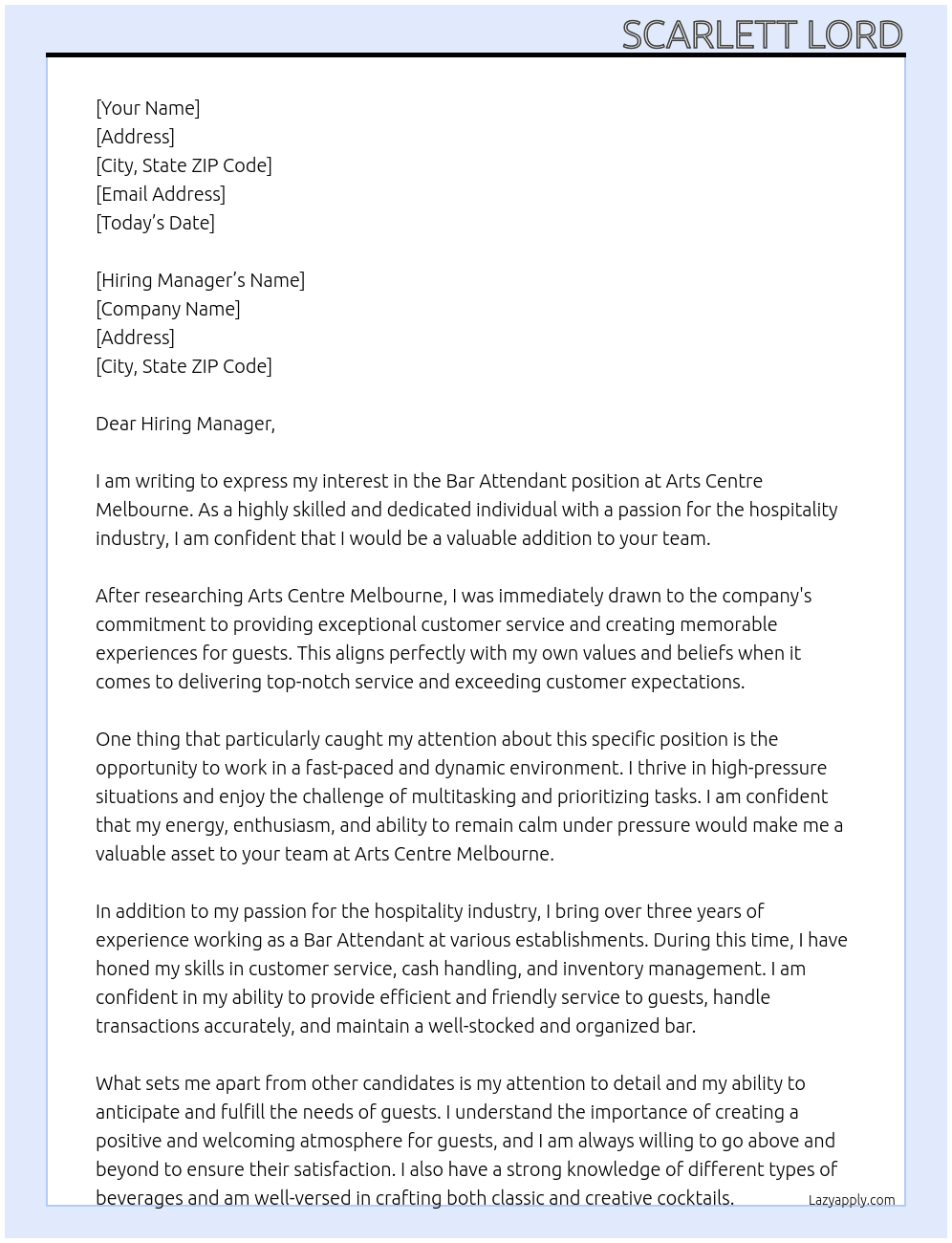 Bar attendant  At Arts Centre Melbourne Cover Letter