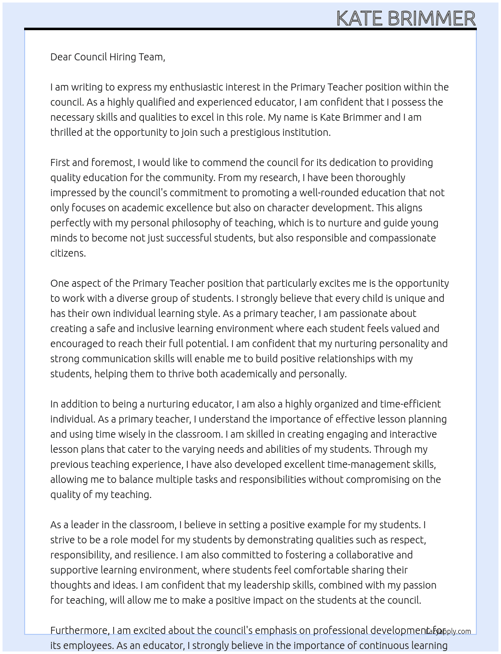 Primary teacher At council Cover Letter