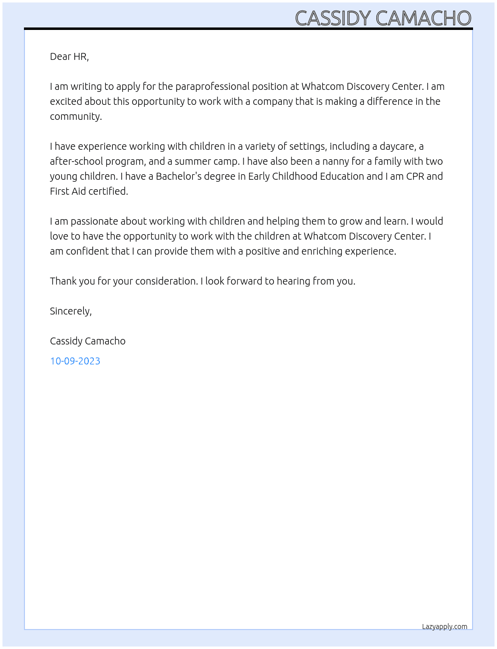 Paraprofessional At Whatcom Discovery Center Cover Letter