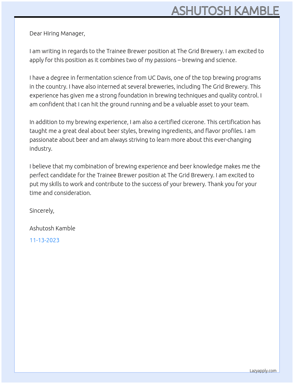 Trainee Brewer  At the Grid Brwery Cover Letter